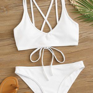 LACE UP BACK WHITE BIKINI SWIMSUIT SET